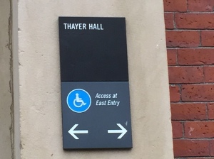 Thayer Hall accessibility sign at Harvard University